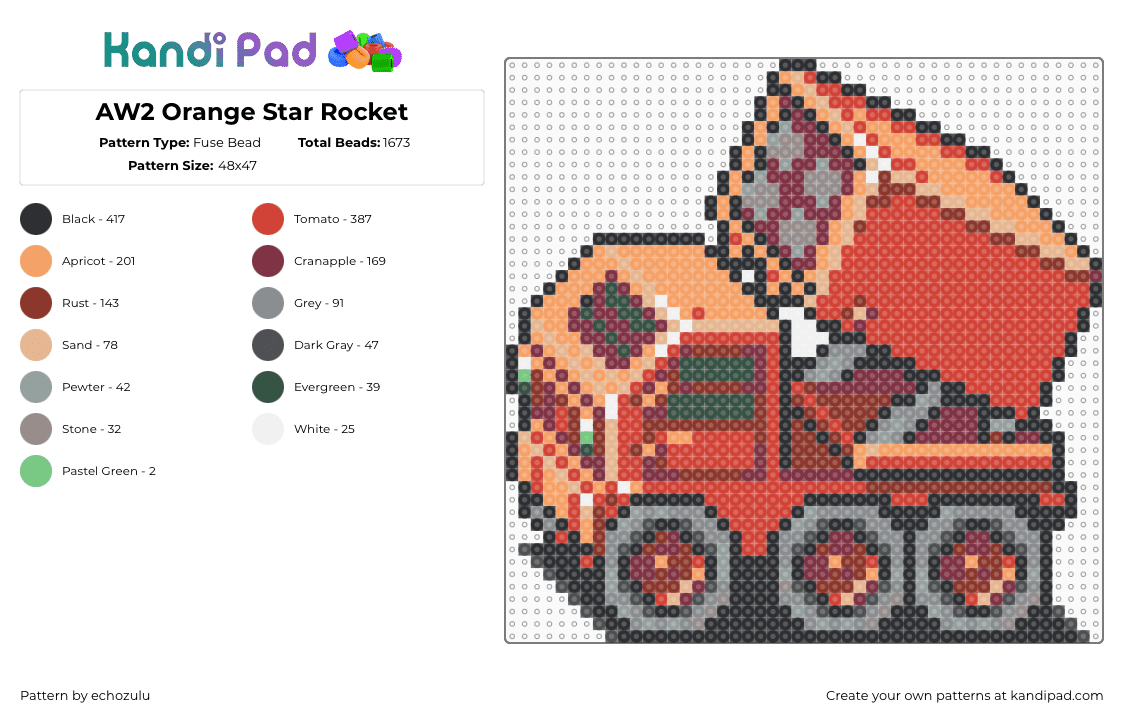 AW2 Orange Star Rocket - Fuse Bead Pattern by echozulu on Kandi Pad - tank,rocket,advance wars,soldier,video game,gameboy,character,army,red,orange