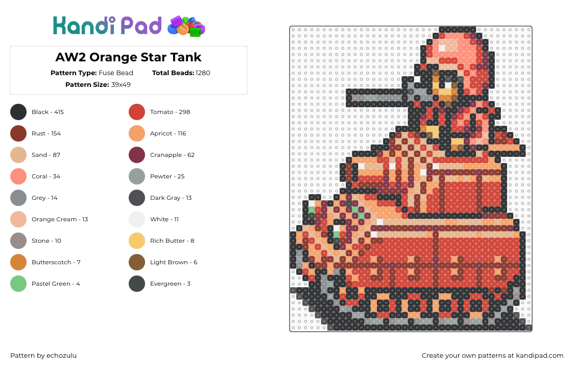 AW2 Orange Star Tank - Fuse Bead Pattern by echozulu on Kandi Pad - tank,advance wars,soldier,video game,gameboy,character,army,red,orange