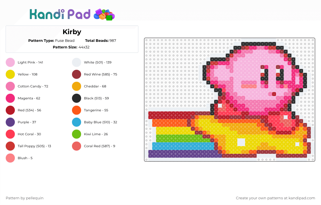 Kirby - Fuse Bead Pattern by pellequin on Kandi Pad - red,pink,orange,yellow