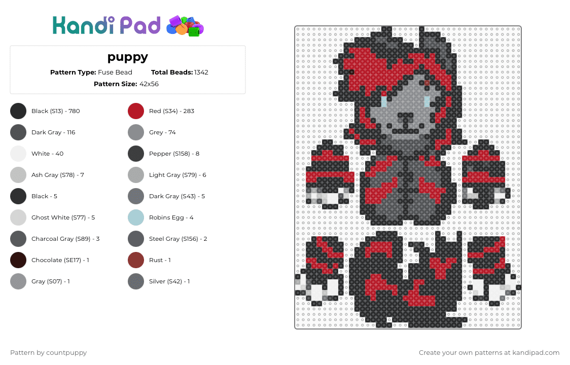 puppy - Fuse Bead Pattern by countpuppy on Kandi Pad - black,gray,red