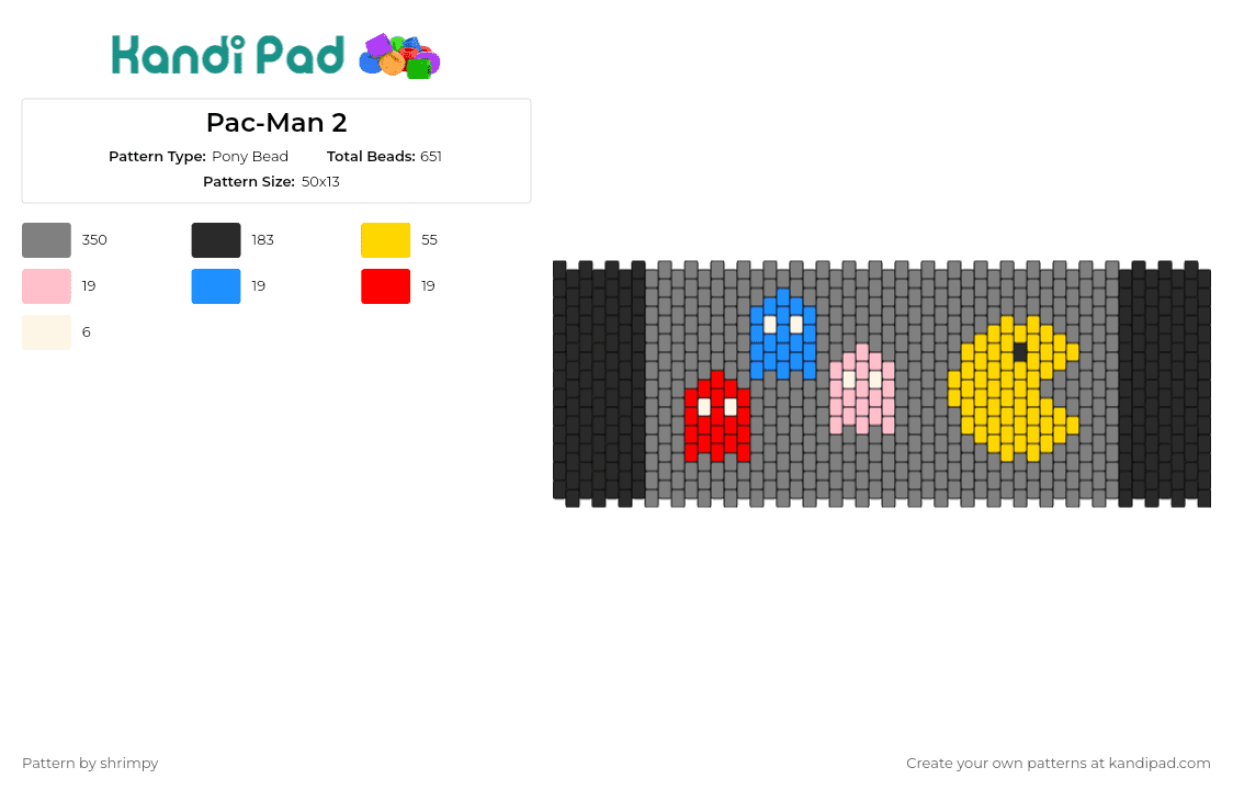 Pac-Man 2 - Pony Bead Pattern by shrimpy on Kandi Pad - pacman,ghosts,namco,arcade,cuff,tribute,colorful,legendary game