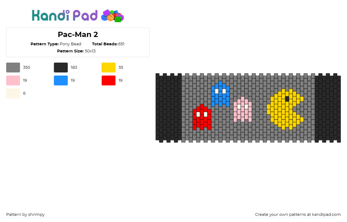 Pac-Man 2 - Pony Bead Pattern by shrimpy on Kandi Pad - pacman,ghosts,namco,arcade,cuff,colorful,legendary game