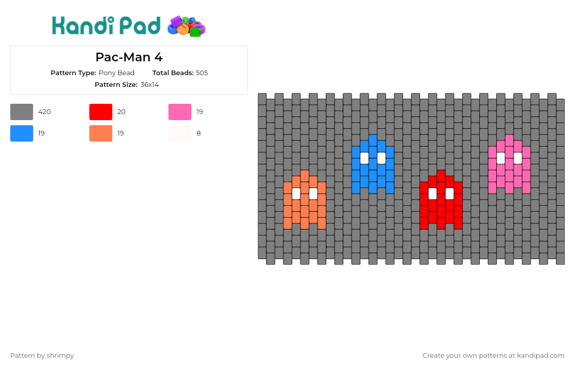 Pac-Man 4 - Pony Bead Pattern by shrimpy on Kandi Pad - pacman,ghosts,namco,arcade,gamers,retro,playful,nostalgic,classic game