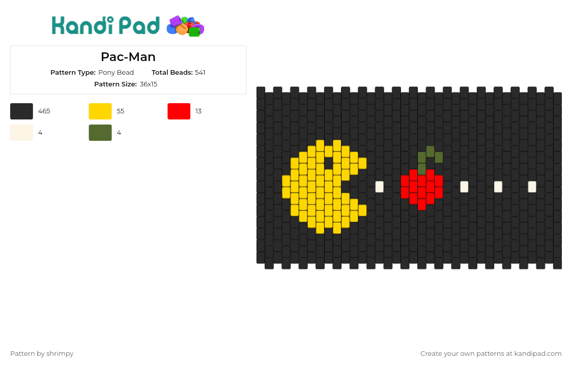 Pac-Man - Pony Bead Pattern by shrimpy on Kandi Pad - pacman,namco,cherry,arcade,retro-inspired,classic game,nostalgia,homage,gaming enthusiasts