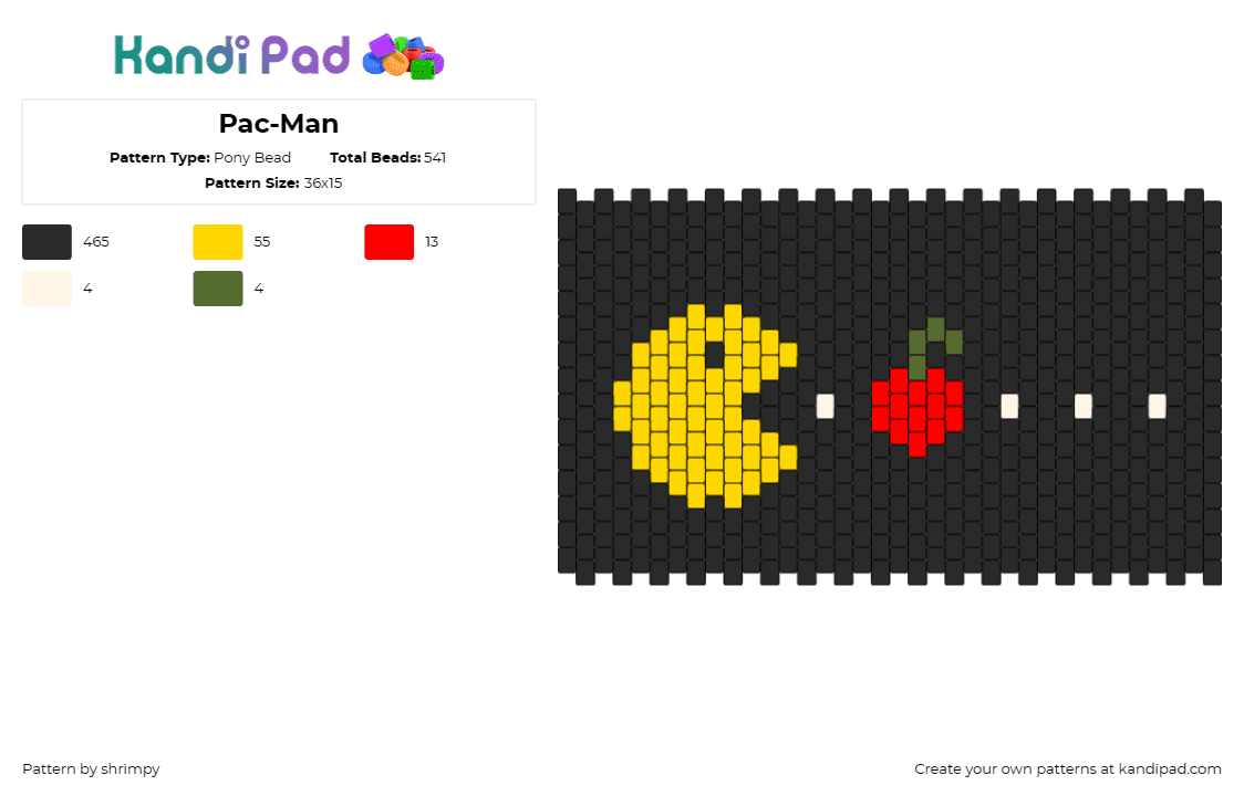 Pac-Man - Pony Bead Pattern by shrimpy on Kandi Pad - pacman,namco,cherry,arcade,retro-inspired,classic game,nostalgia,gaming enthusia