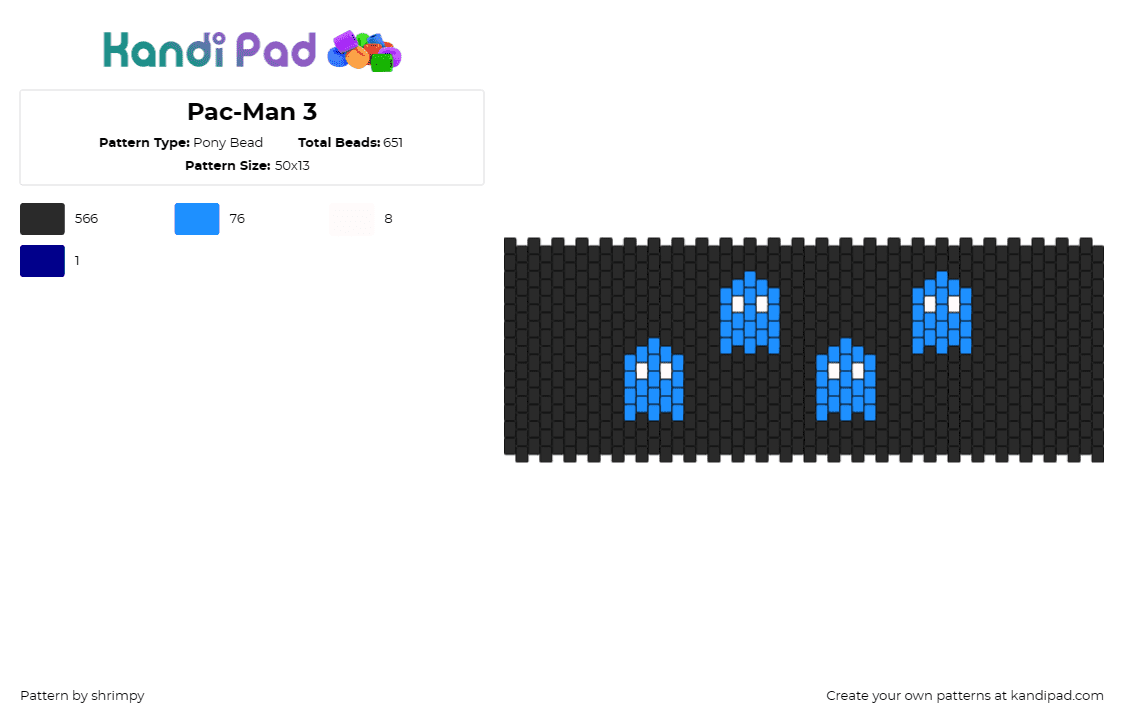 Pac-Man 3 - Pony Bead Pattern by shrimpy on Kandi Pad - pacman,ghosts,namco,arcade,cuff,blue,harmony