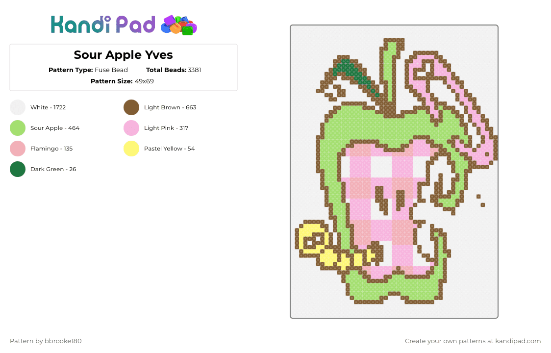 Sour Apple Yves - Fuse Bead Pattern by bbrooke180 on Kandi Pad - apple,fruit,worm,food,animal,white,tan,green,pink