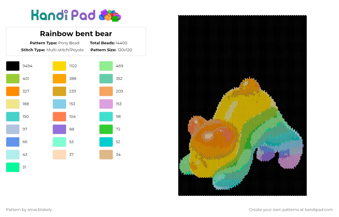 Rainbow bent bear - Pony Bead Pattern by smacblakely on Kandi Pad - bear,teddy,yoga,animal,black,orange,yellow,light blue,colorful
