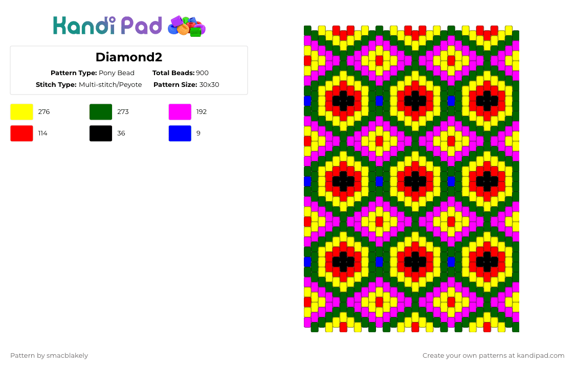 Diamond2 - Pony Bead Pattern by smacblakely on Kandi Pad - green,yellow,pink
