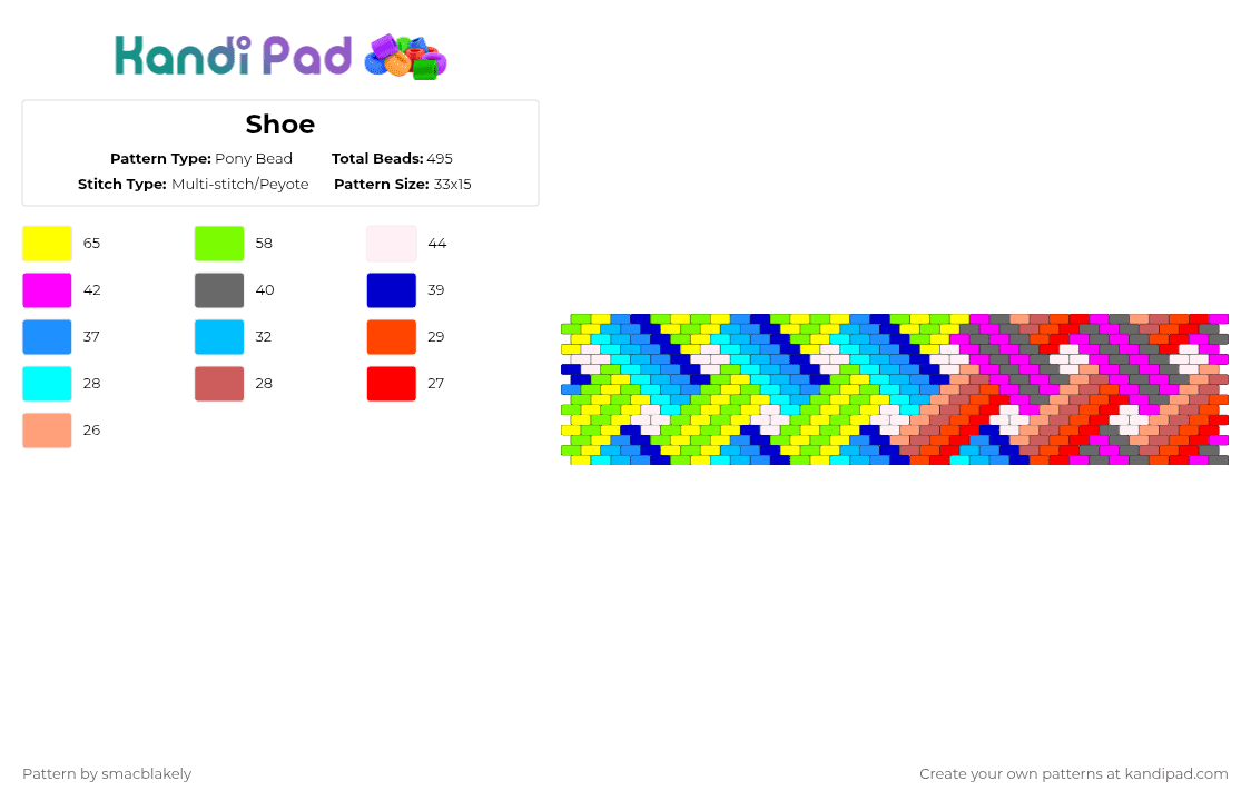 Shoe - Pony Bead Pattern by smacblakely on Kandi Pad - weave,neon,lattice,light blue,yellow,green,red