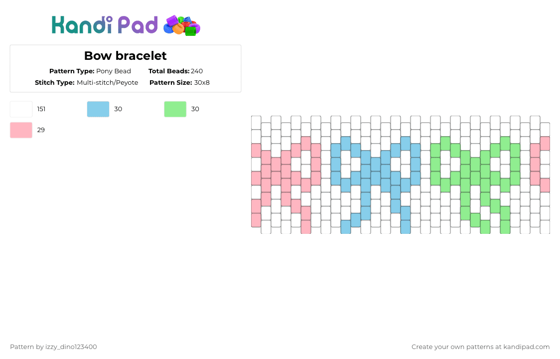 Bow bracelet - Pony Bead Pattern by izzy_dino123400 on Kandi Pad - white,pink,light blue,teal