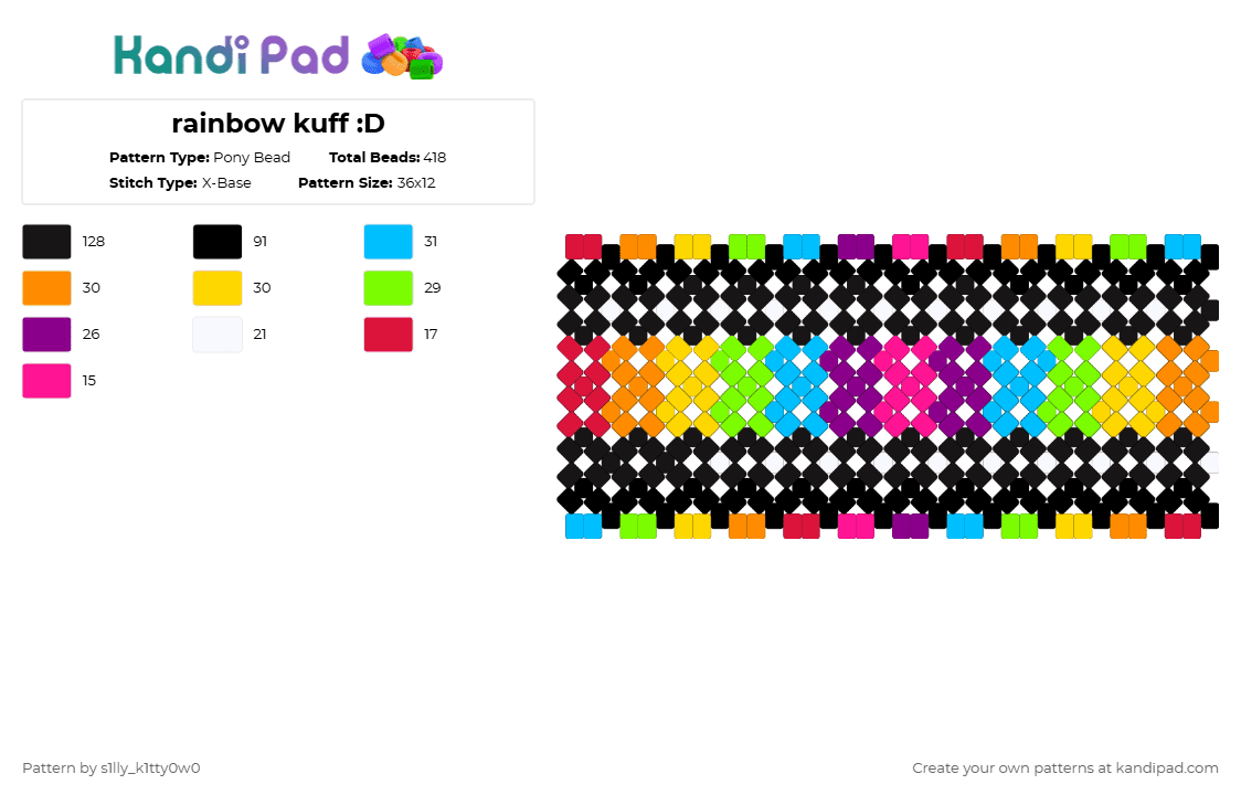 rainbow kuff :D - Pony Bead Pattern by s1lly_k1tty0w0 on Kandi Pad - black,yellow,light blue,colorful
