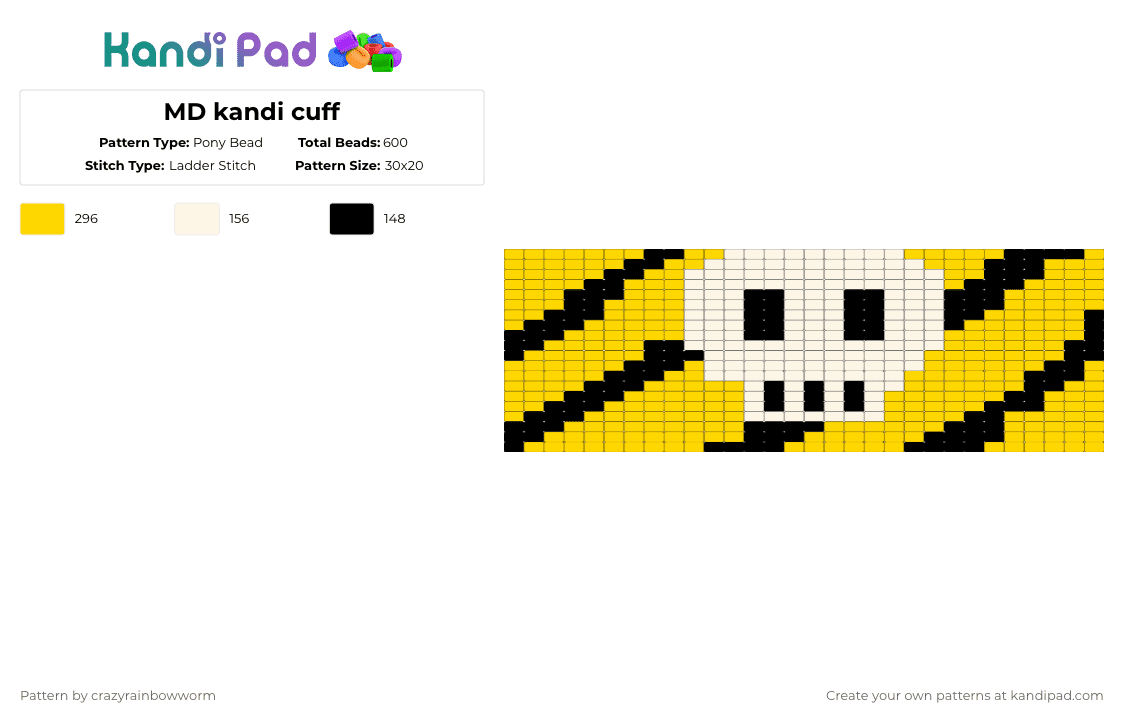 MD kandi cuff - Pony Bead Pattern by crazyrainbowworm on Kandi Pad - murder drones,caution,cuff,skull,cartoon,tv show,halloween,spooky,white,yellow