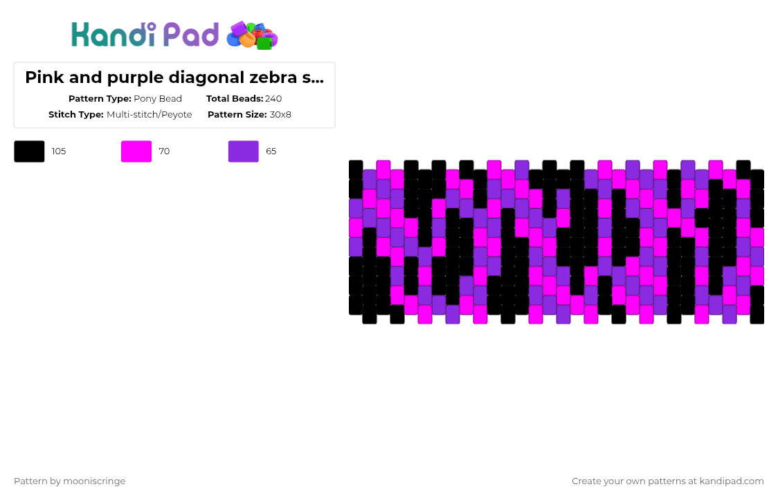 Pink and purple diagonal zebra stripes - Pony Bead Pattern by mooniscringe on Kandi Pad - zebra,animal print,cuff,animal,purple,pink,zebra stripe,multistitch,lines,stripes,2000s,scene