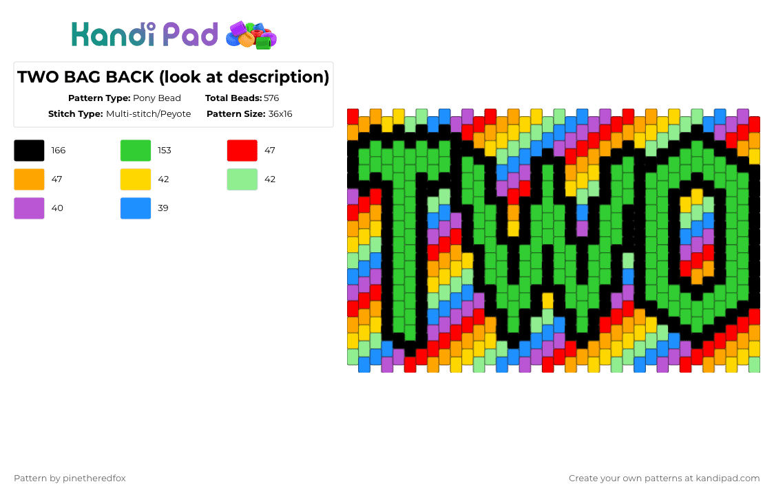 TWO BAG BACK (look at description) - Pony Bead Pattern by pinetheredfox on Kandi Pad - green