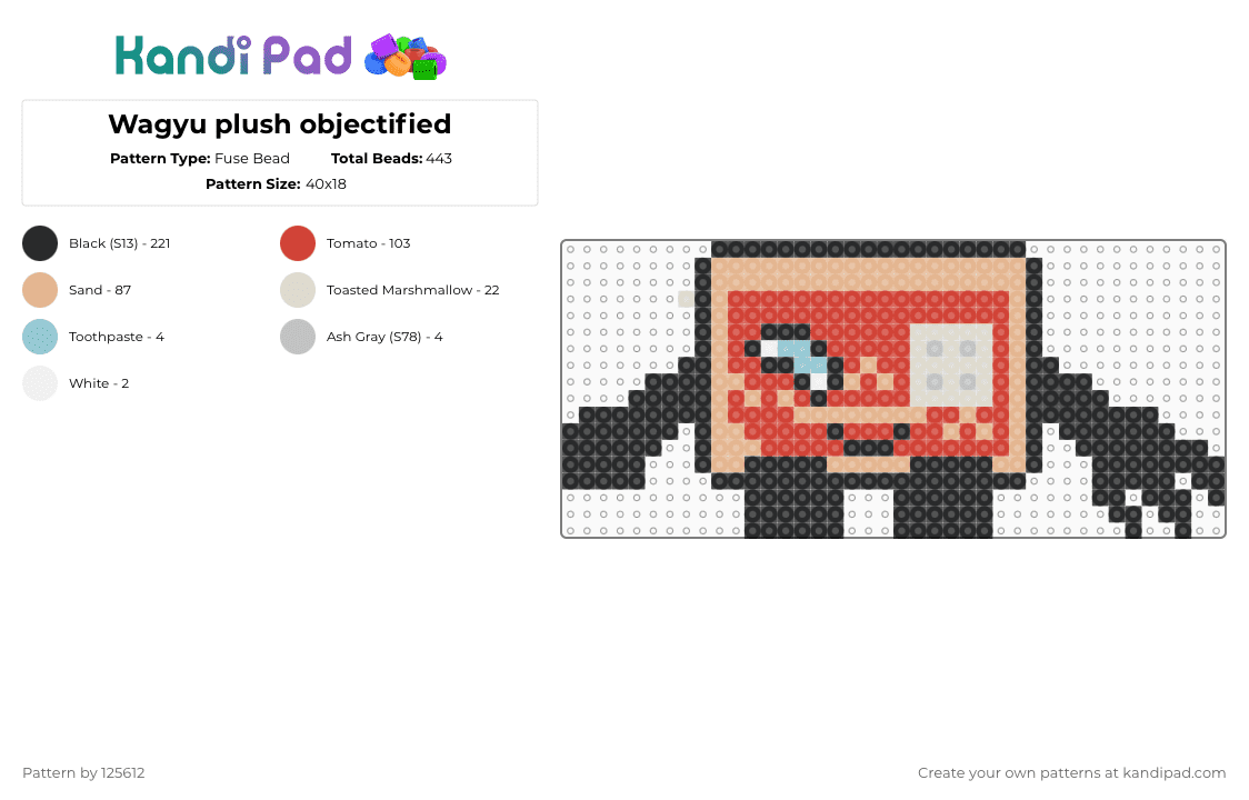 Wagyu plush objectified - Fuse Bead Pattern by 125612 on Kandi Pad - beige, black, character, red
