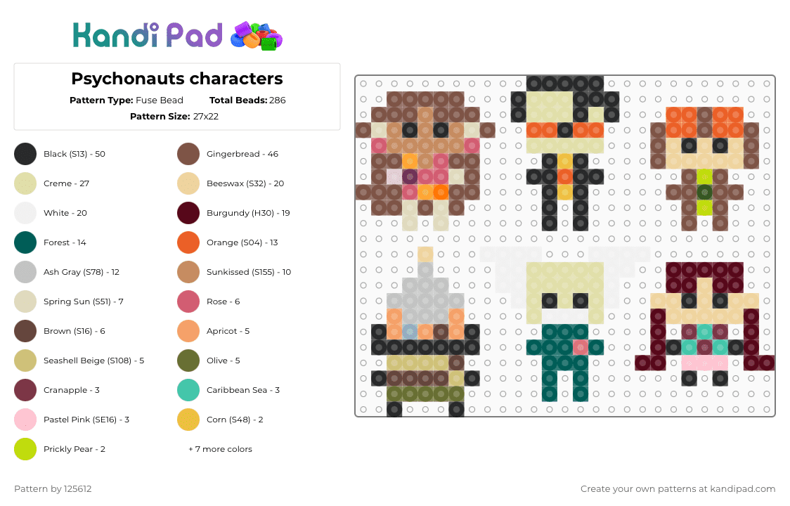 Psychonauts characters 1 - Fuse Bead Pattern by 125612 on Kandi Pad - psychonauts,razputin,lily,sasha,milla,oleander,ford,video game,character,gaming,orange,beige,brown,colorful,characters