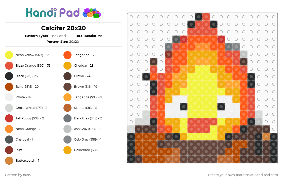 Calcifer 20x20 - Fuse Bead Pattern by rsinski on Kandi Pad - red,orange,brown,yellow,calcifer