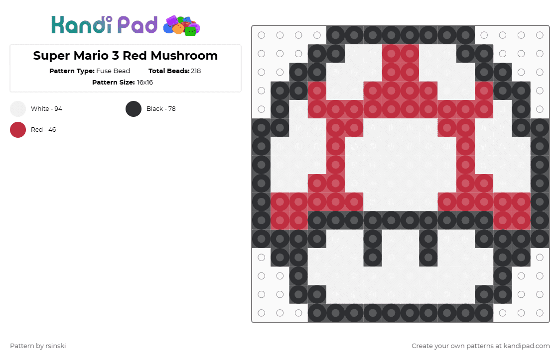 Super Mario 3 Red Mushroom - Fuse Bead Pattern by rsinski on Kandi Pad - white,red,super mario 3
