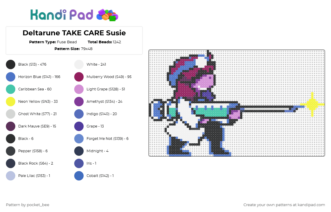 Deltarune TAKE CARE Susie - Fuse Bead Pattern by pocket_bee on Kandi Pad - blue,pink,deltarune,susie,nurse