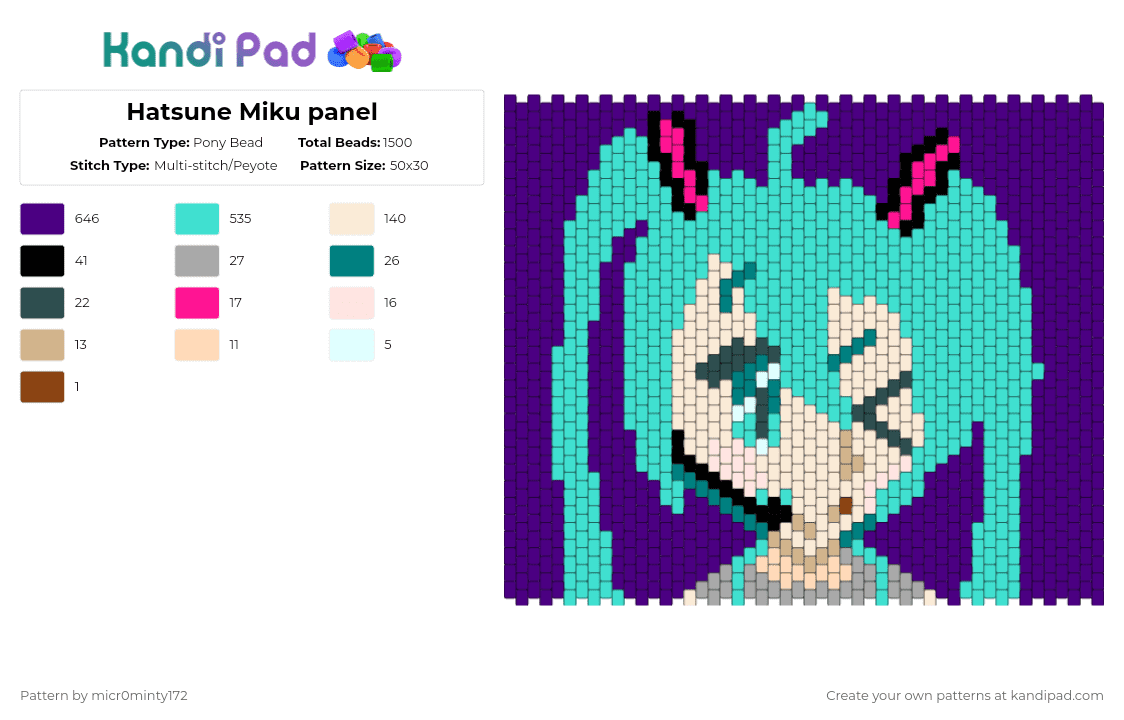 Hatsune Miku panel - Pony Bead Pattern by micr0minty172 on Kandi Pad - light blue,purple,miku,hatsune,vocaloid,blue,panel,anime,music