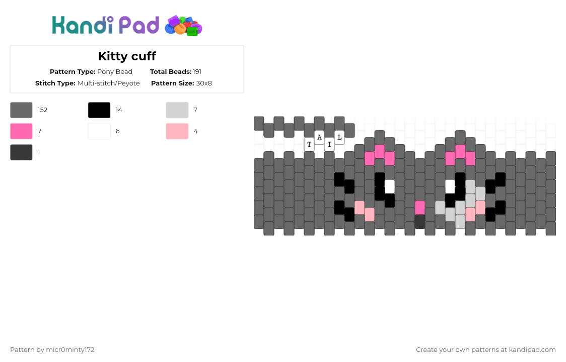 Kitty cuff - Pony Bead Pattern by micr0minty172 on Kandi Pad - gray,cotdpets,cat,kitty,cuff,pet,animal,kawaii