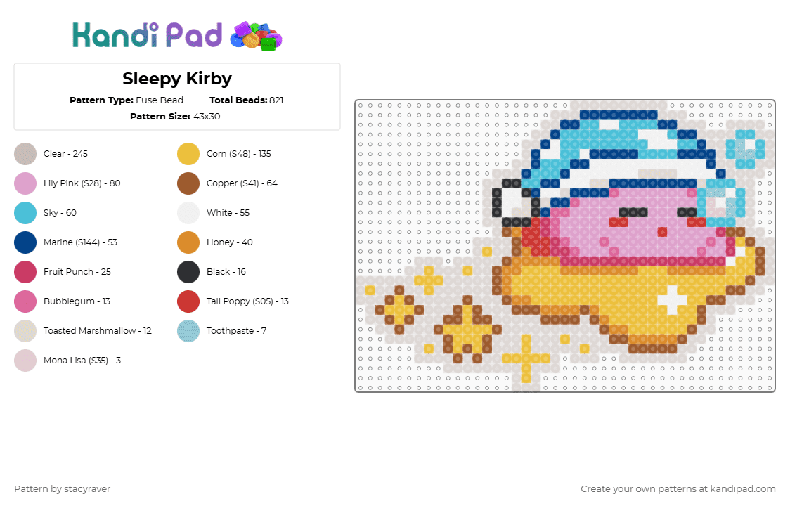 Sleepy Kirby - Fuse Bead Pattern by stacyraver on Kandi Pad - beige,pink,yellow