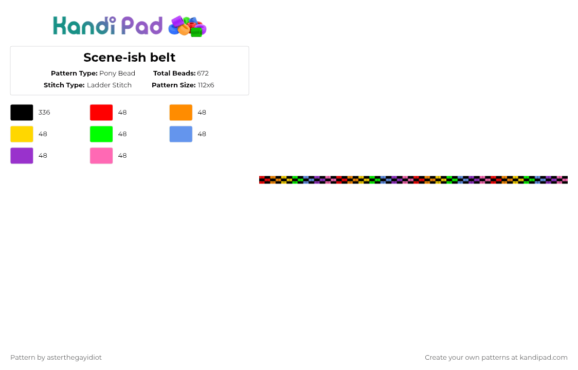 Scene-ish belt - Pony Bead Pattern by asterthegayidiot on Kandi Pad - black,orange,green,purple,colorful,belt