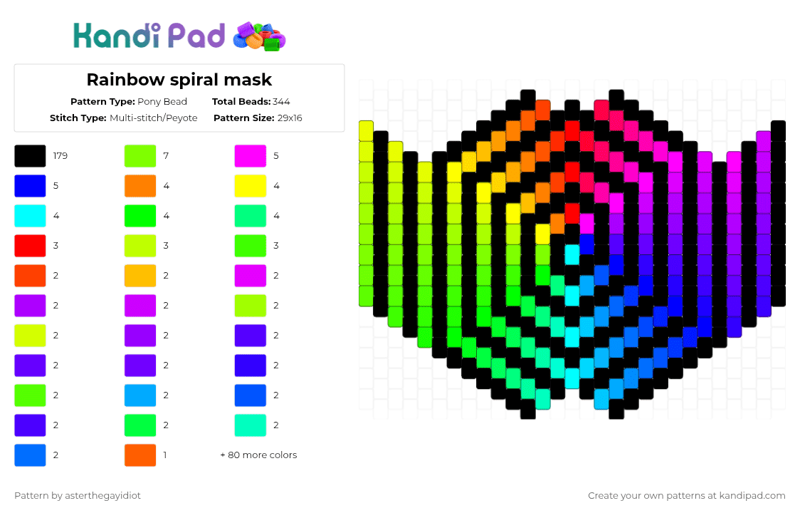 Rainbow spiral mask - Pony Bead Pattern by asterthegayidiot on Kandi Pad - black,yellow,purple,green,rainbow,mask,spiral