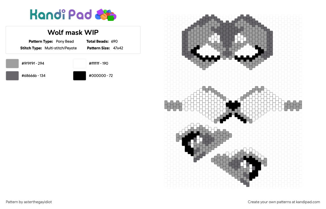 Wolf mask WIP - Pony Bead Pattern by asterthegayidiot on Kandi Pad - gray, white