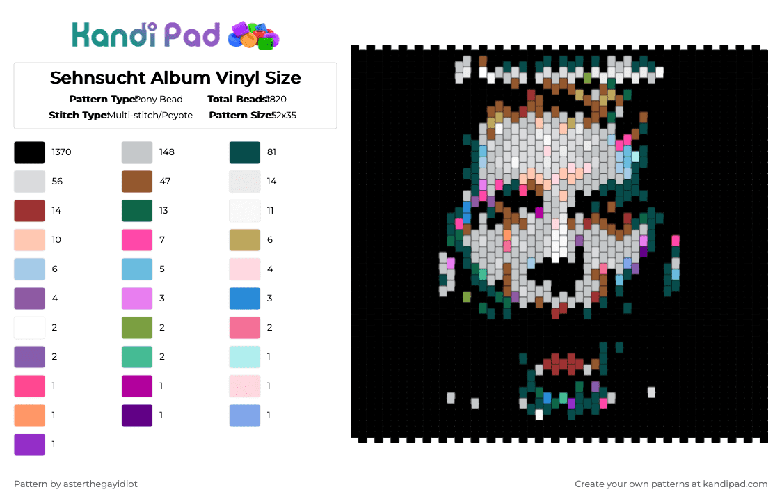Sehnsucht Album Vinyl Size - Pony Bead Pattern by asterthegayidiot on Kandi Pad - black,white,tan,red,light blue,colorful,rammstein,ramm,music,metal,heavy metal,german,album,sehnsucht