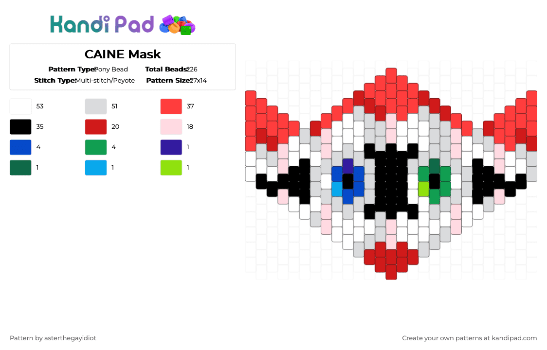 CAINE Mask - Pony Bead Pattern by asterthegayidiot on Kandi Pad - white,red,mask,tadc,caine,movie,tadc caine,teeth,eyes,mouth
