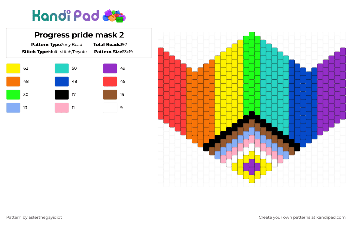 Progress pride mask 2 - Pony Bead Pattern by asterthegayidiot on Kandi Pad - yellow,red,blue,colorful,pride,progress,mask,rainbow