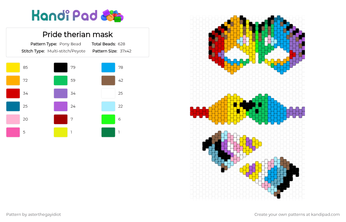 Pride therian/animal mask - Pony Bead Pattern by asterthegayidiot on Kandi Pad - orange,yellow,green,light blue,pride,therian,animal,mask,queer,rainbow,colorful,circuskandi