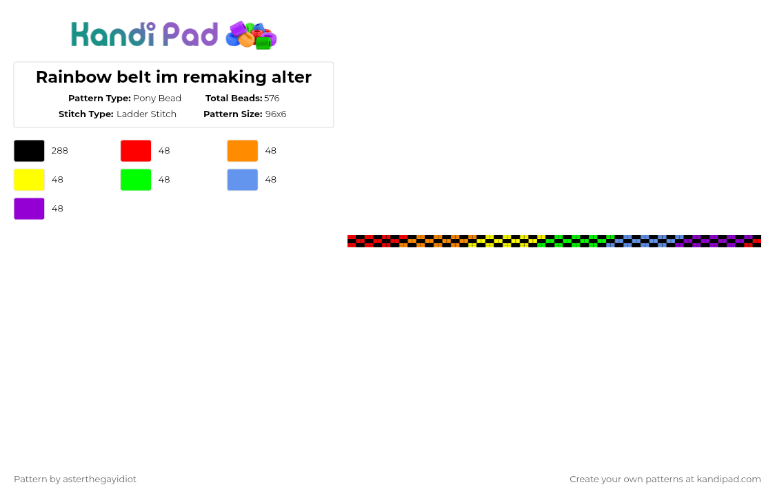 Rainbow belt im remaking alter - Pony Bead Pattern by asterthegayidiot on Kandi Pad - black,orange,green,purple,colorful,belt,rainbow,scene