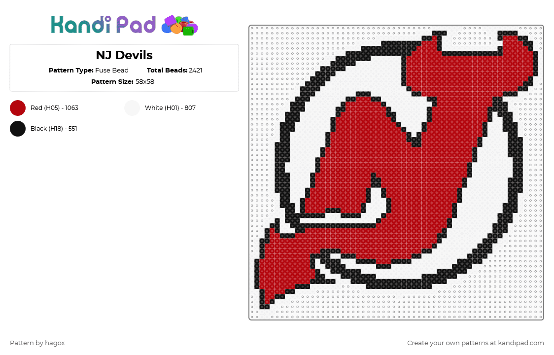 NJ Devils - Fuse Bead Pattern by hagox on Kandi Pad - devils,new jersey,sports,team,hockey,sport,nhl,white,red