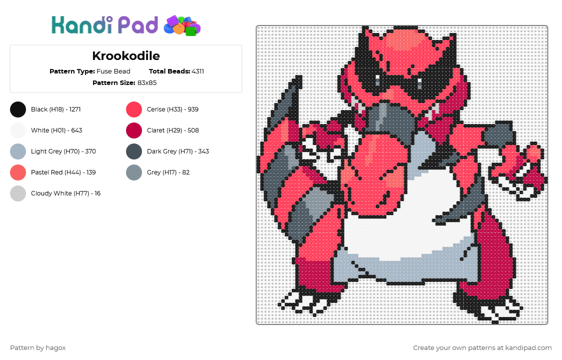 Krookodile - Fuse Bead Pattern by hagox on Kandi Pad - krookodile,pokemon,video game,gaming,character,red