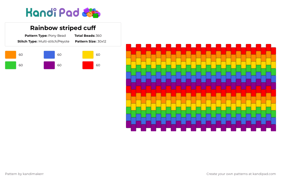 Rainbow striped cuff - Pony Bead Pattern by kandimakerr on Kandi Pad - blue,green,red,colorful