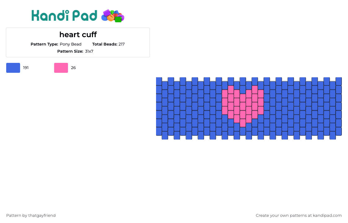 heart cuff - Pony Bead Pattern by thatgayfriend on Kandi Pad - heart,love,cuff,charm,radiates,affection,vibrant blue,tender pink