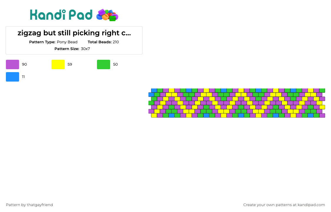 zigzag but still picking right colors - Pony Bead Pattern by thatgayfriend on Kandi Pad - zig zag,geometric,bracelet,cuff,playful,precision,vibrant,purple,green,yellow