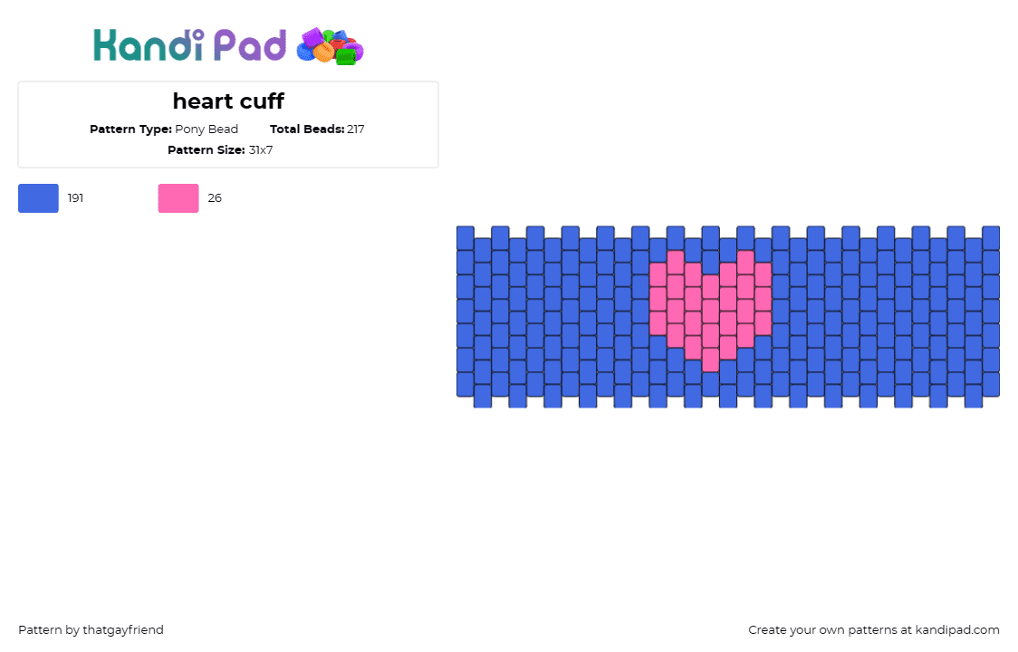 heart cuff - Pony Bead Pattern by thatgayfriend on Kandi Pad - heart,love,cuff,radiates,affection,vibrant blue,tender pink