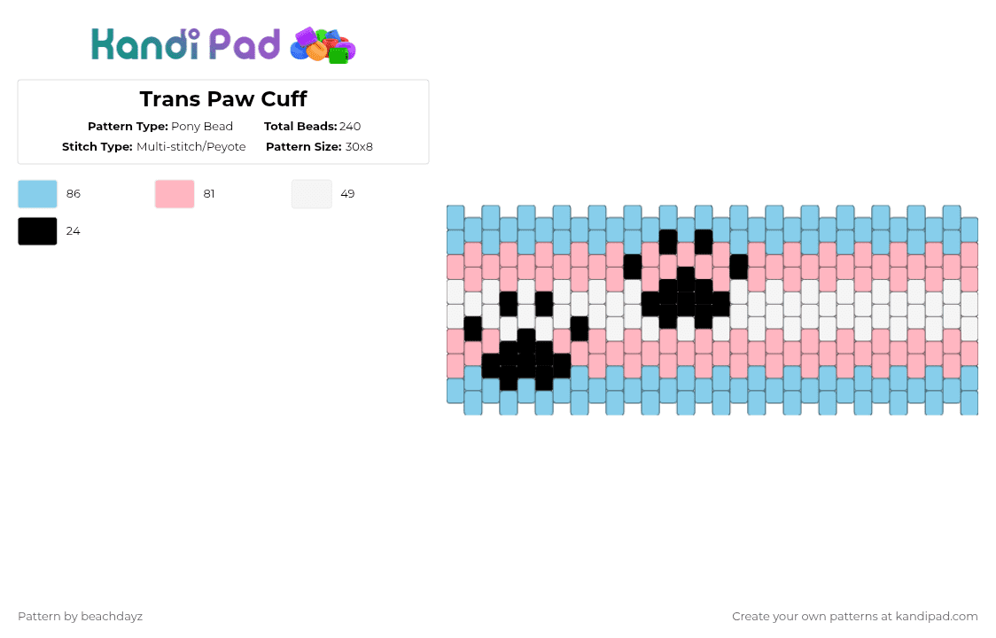 Trans Paw Cuff - Pony Bead Pattern by beachdayz on Kandi Pad - light blue,pink