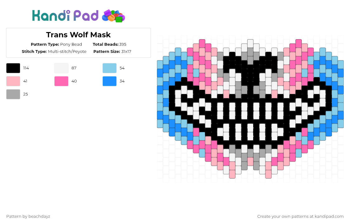 Trans Wolf Mask - Pony Bead Pattern by beachdayz on Kandi Pad - pink,light blue