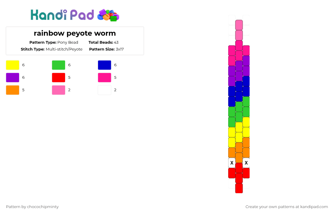 rainbow peyote worm - Pony Bead Pattern by chocochipminty on Kandi Pad - pink,purple,worm,rainbow