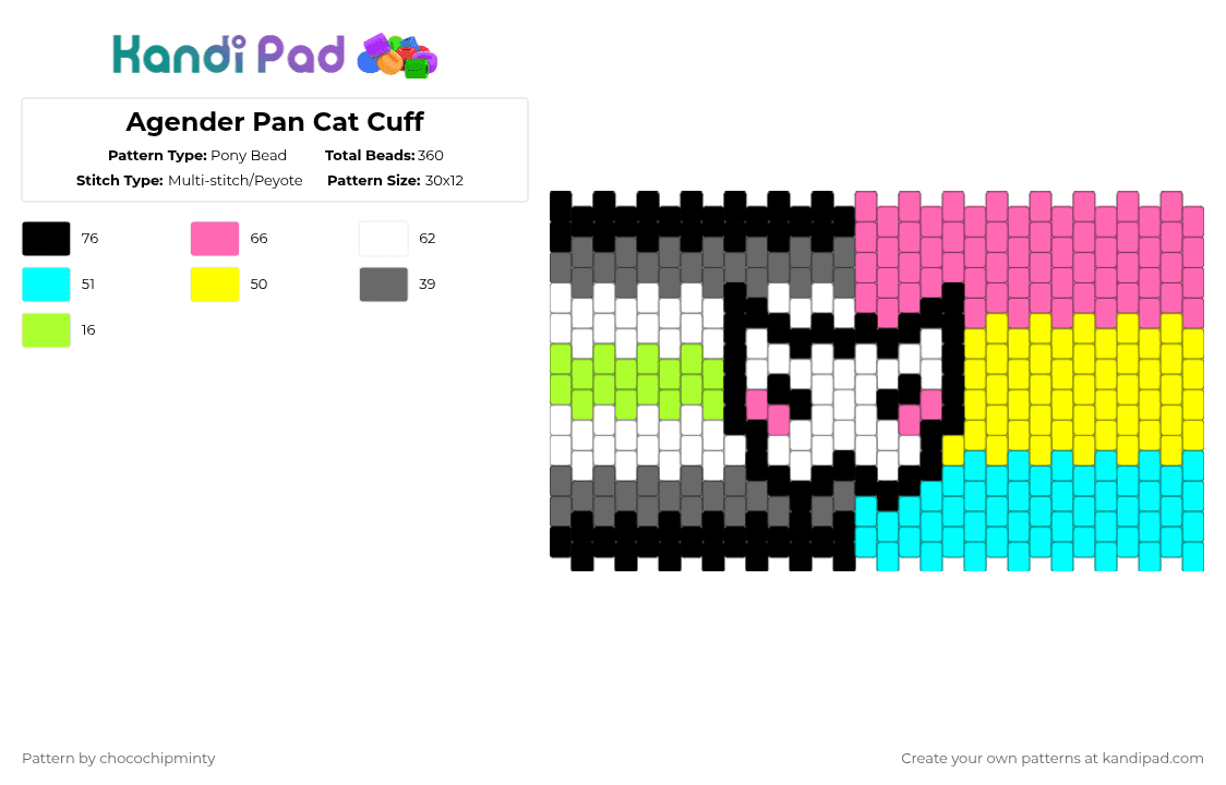 Agender Pan Cat Cuff - Pony Bead Pattern by chocochipminty on Kandi Pad - pink,yellow,light blue,pride,lgbtqia
