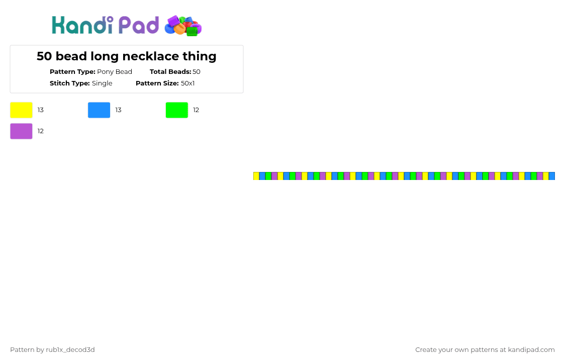 50 bead long necklace thing - Pony Bead Pattern by rub1x_decod3d on Kandi Pad - yellow,green,pink,light blue
