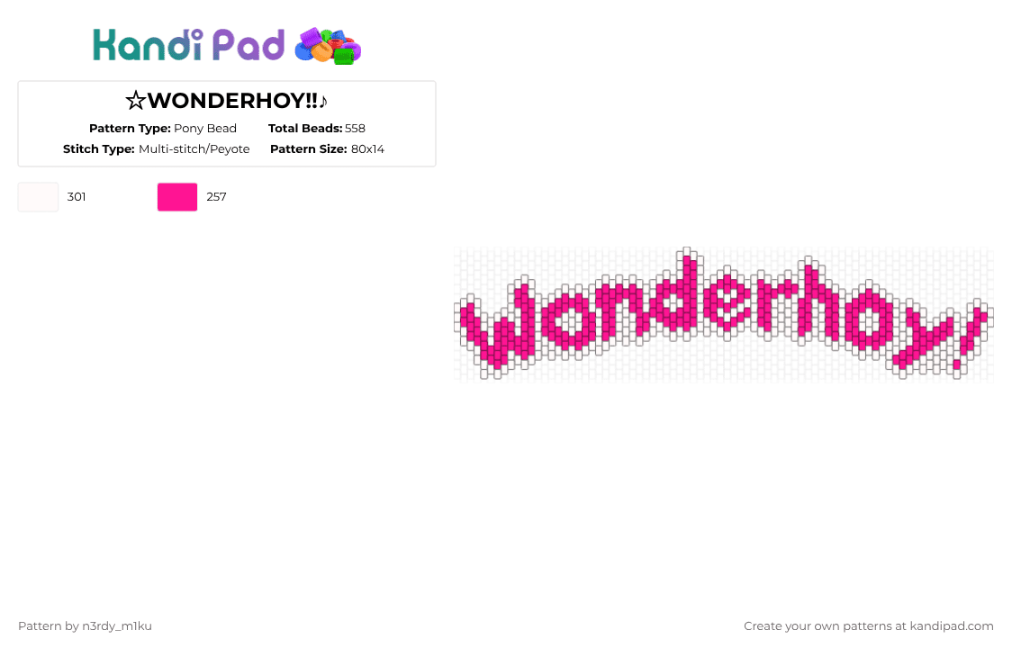 ☆WONDERHOY!!♪ - Pony Bead Pattern by n3rdy_m1ku on Kandi Pad - pink,white,pjsk,colourfulstage,emuotori,pjsekai,wonderhoy,yippee