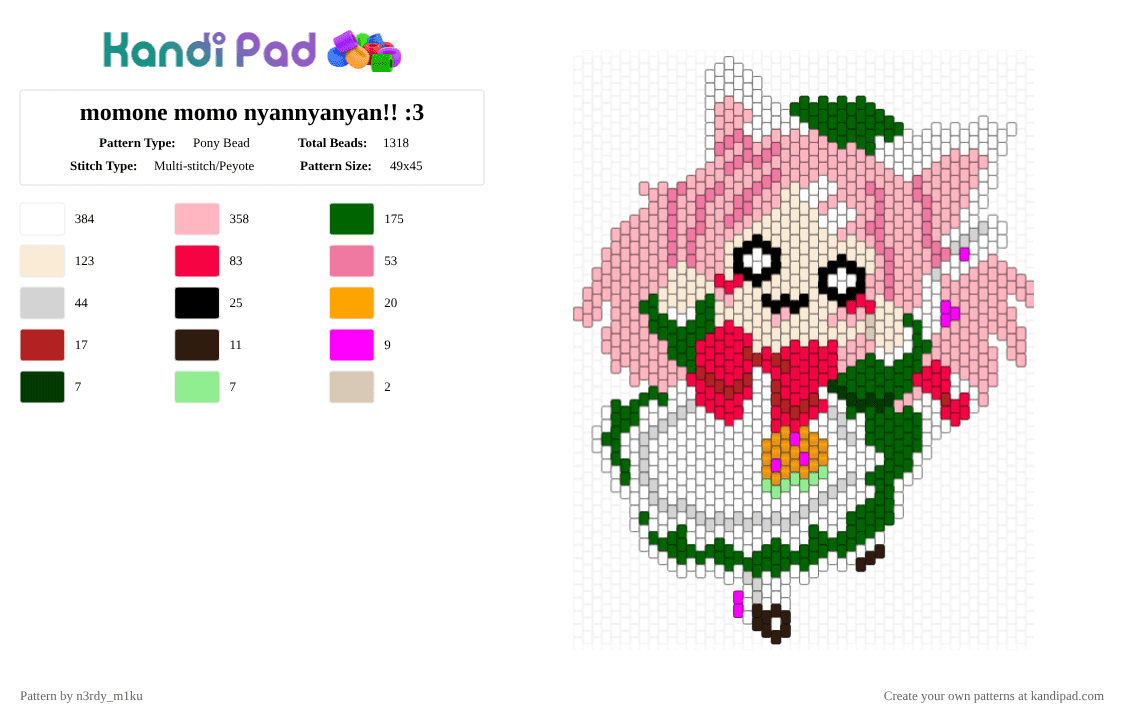 momone momo nyannyanyan!! :3 - Pony Bead Pattern by n3rdy_m1ku on Kandi Pad - white,green,pink,red,nyan,nyan cat,momo,momone,momone momo,utau,vocaloid,meow
