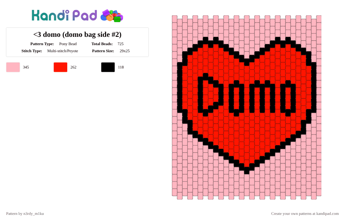 domo heart bag panel :> - Pony Bead Pattern by n3rdy_m1ku on Kandi Pad - red,pink,domo,light pink,y2k,anime,bag,panel,bag panel