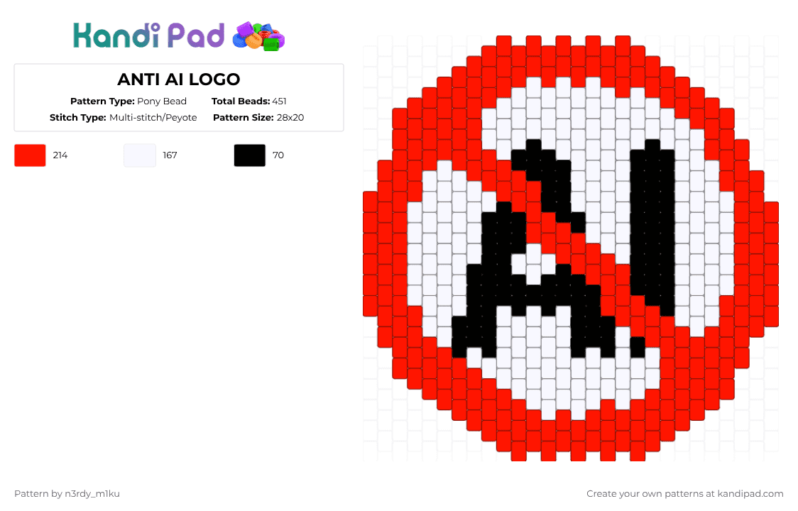 ANTI AI LOGO - Pony Bead Pattern by n3rdy_m1ku on Kandi Pad - red,white,antiai,anti ai,human